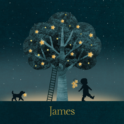 Magisch geboortekaartje jongen met boom met sterren en silhouet hond