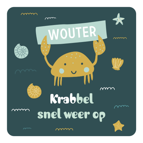 Beterschapskaart met een vrolijk krabbetje, zeesterren en schelpen