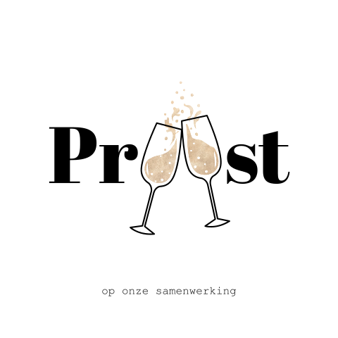 Zakelijke kerstkaart met de tekst "proost" en champagneglazen