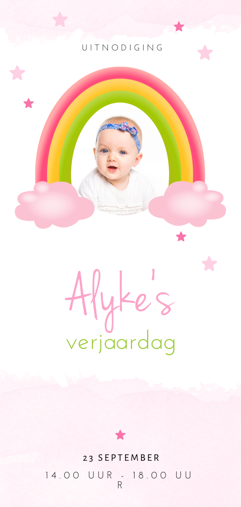 Vrolijke uitnodiging voor een kinderfeestje met regenboog en foto