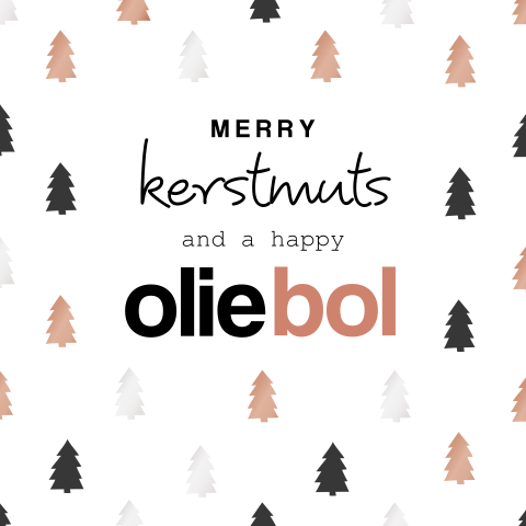 Hippe kerstkaart met de tekst "Merry kerstmuts and a happy oliebol"