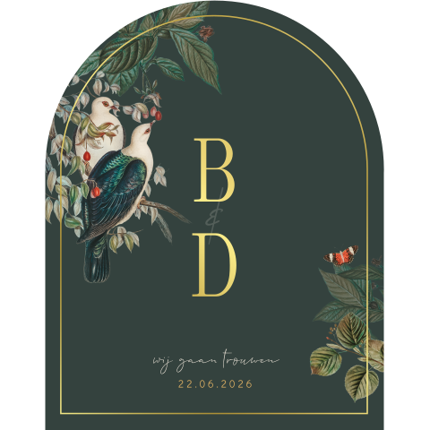 Boogvorm trouwkaart met vogels, bloemen en foliedruk