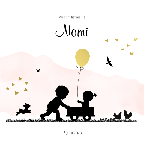 Silhouet goudfolie kaartje voor een zusje met aquarel en ballon