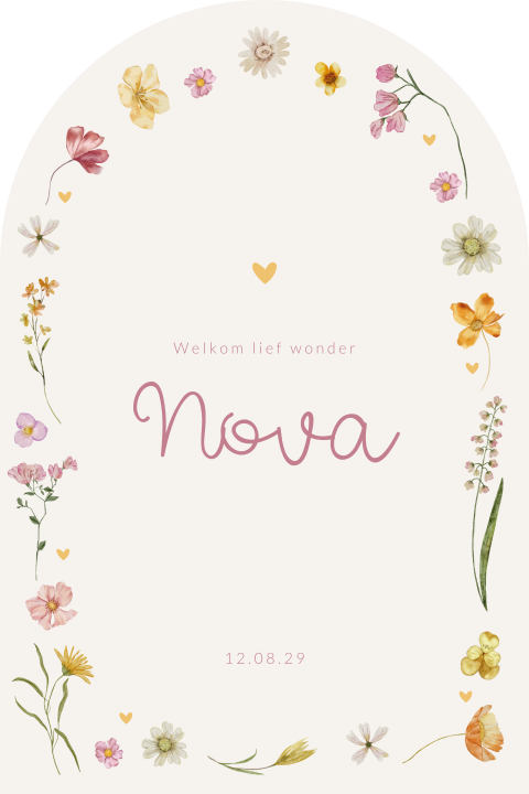 Geboortekaartje voor een meisje met bloemen in een boogvorm
