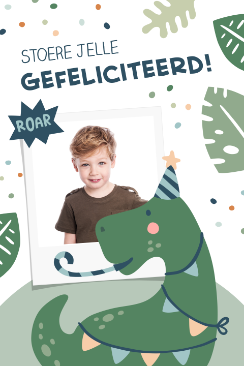 Wenskaart verjaardag kind met dino, foto en slingers