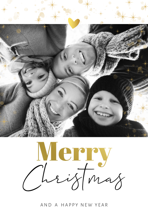 Hippe kerstkaart met foto in zwart wit en goud