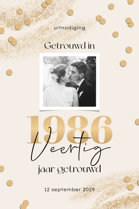 Uitnodiging 40 jaar getrouwd in goudlook met confetti en foto