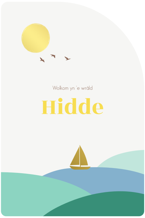 Fries jongens geboortekaartje in halve boogvorm met zeilboot en folie