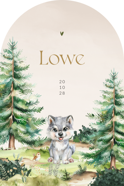 Unisex geboortekaartje in een boogvorm met een wolfje in het bos