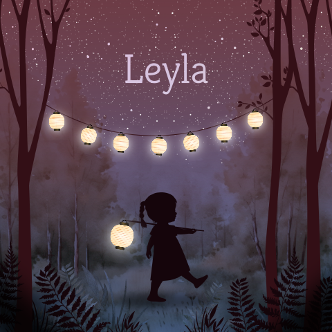 Geboortekaartje voor een meisje met lampionnen in het bos in de nacht