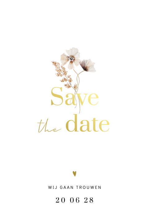Elegante Save the Date kaart met veldbloemen en foliedruk