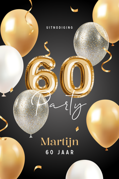 Stoere en feestelijke uitnodiging verjaardag 60 party met ballonnen