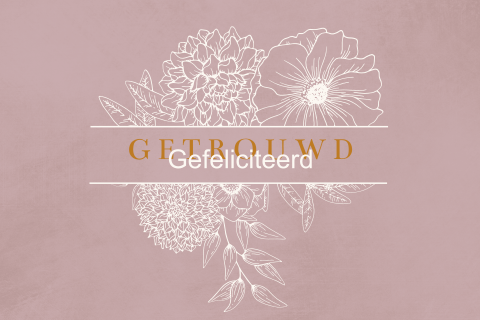 Huwelijks felicitatie paars met witte getekende bloemen