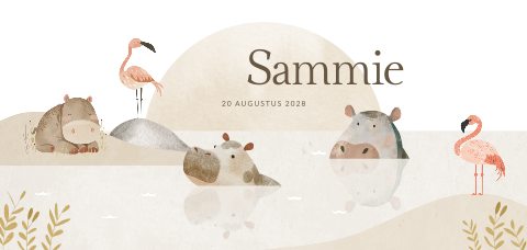 Unisex geboortekaartje met zwemmende nijlpaarden en flamingo's
