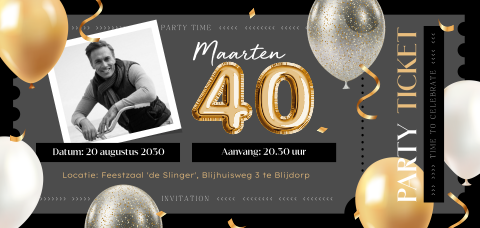 Ticket 40 jaar verjaardag uitnodiging met foto en ballonnen