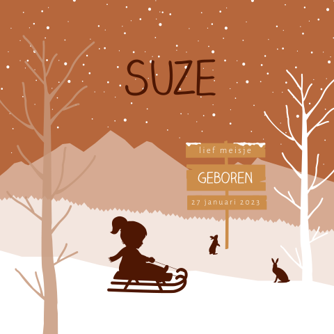 Meisje op de slee winters silhouet kaartje