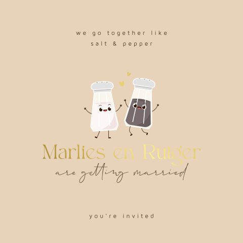 Grappige we go together like salt & pepper trouwkaart met foliedruk