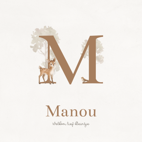 Neutraal unisex geboortekaartje met voorletter en hertje