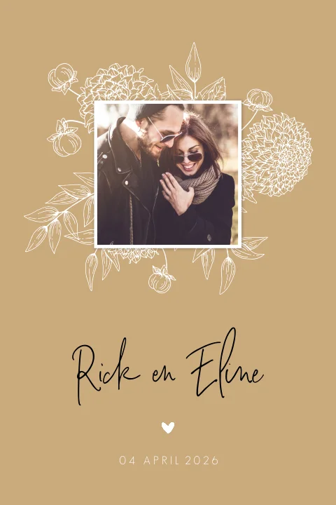 Trendy trouwkaart met foto en getekende bloemen