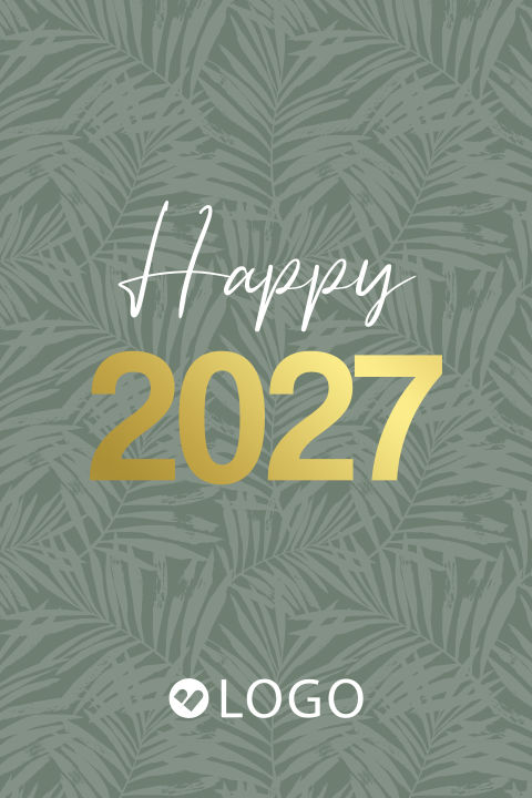 Klein zakelijk kaartje met botanische print, Happy 2027 en goudfolie