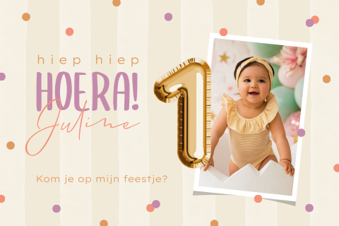 Uitnodiging kinderfeest meisje 1 jaar met foto, ballon en confetti