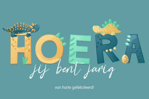 Kinder-verjaardagskaart met Hoera en dino's