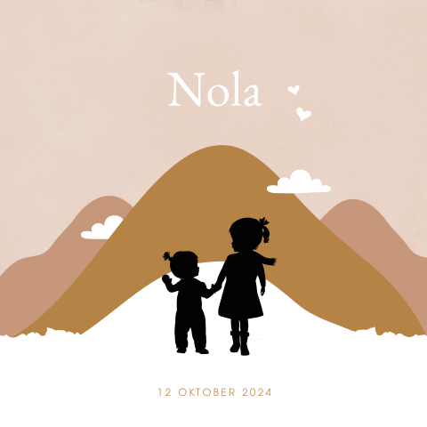 Hip winters silhouet kaartje met 2 zusjes in de bergen