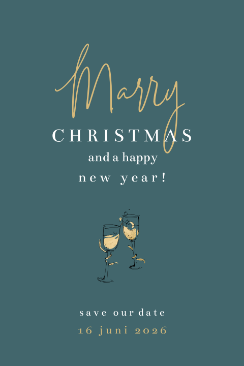 Hippe Save the Date kerstkaart met proostende glazen