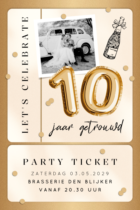 10 jaar getrouwd ticket uitnodiging in goudlook met confetti