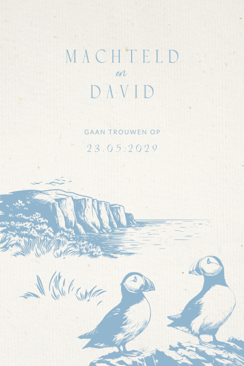 Originele trouwkaart in papierlook met illustratie papegaaiduikers