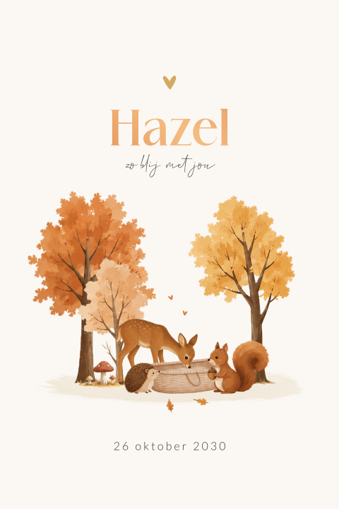 Unisex geboortekaartje met bosdieren in de herfst en foliedruk