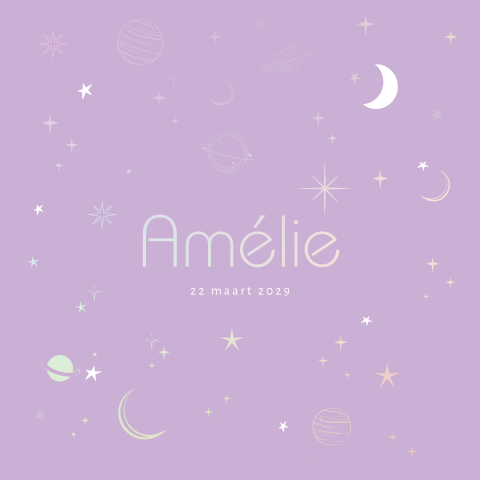Ruimte geboortekaartje met sterretjes, planeten en maan met luxe folie