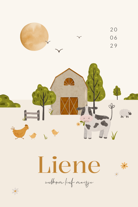 Boerderij geboortekaartje voor een meisje met koe, schaap en kip