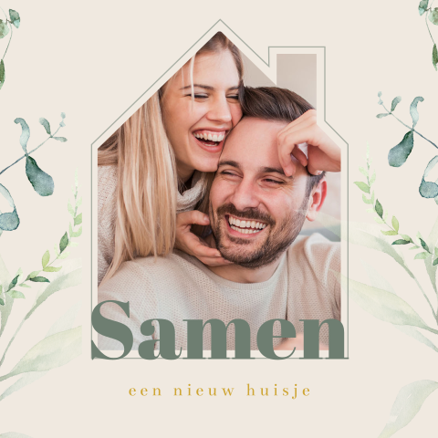 Hippe eucalyptus kaart voor samenwonen met foto in huisje