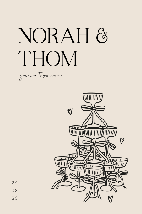 Geïllustreerde trouwkaart met champagnetoren met strikjes en hartjes