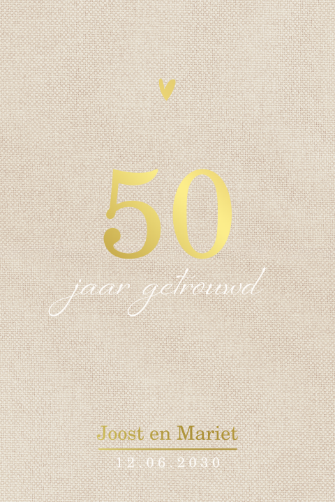 Stijlvolle 50 jaar getrouwd uitnodiging met linnenlook en goudfolie