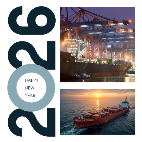 Zakelijke scheepsvaart nieuwjaarskaart met foto vrachtschip