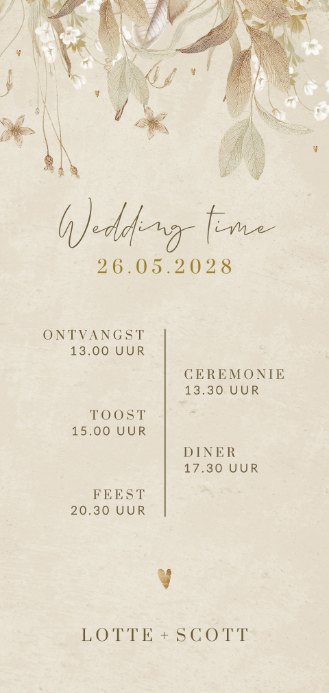 Vintage trouwkaart met tijdlijn en bloemen