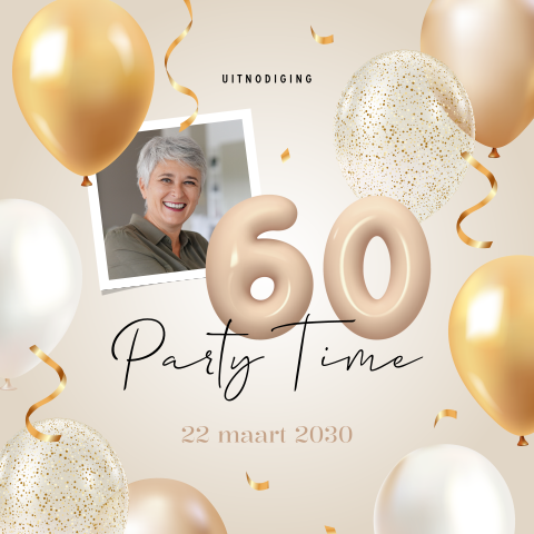 Foto uitnodiging verjaardag 60 jaar met cijferballon en confetti