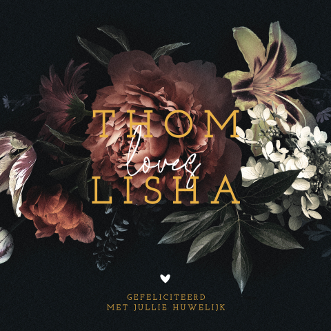 Felicitatiekaart huwelijk met bloemen en namen van het bruidspaar