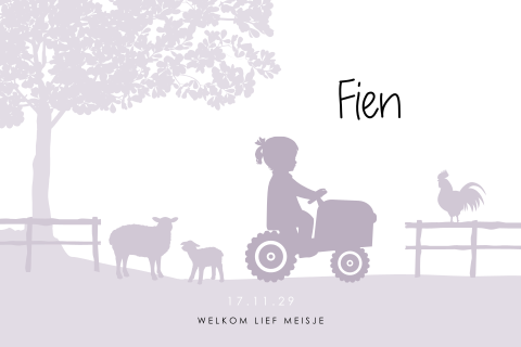 Geboortekaartje silhouet meisje op tractor met boerderij dieren