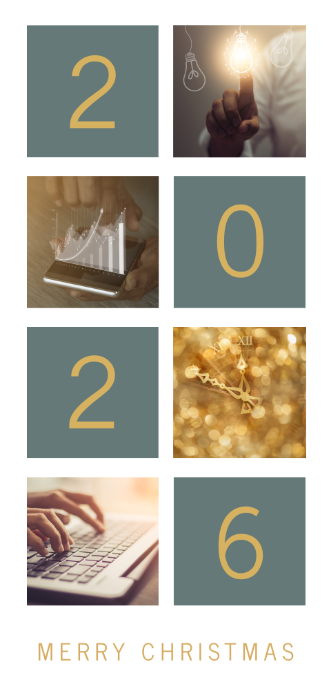 Strakke zakelijke kerstkaart met fotocollage computer en cijfers