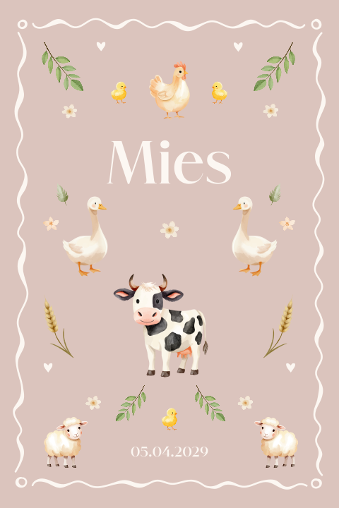 Boerderij geboortekaartje voor een meisje met dieren en bloemen