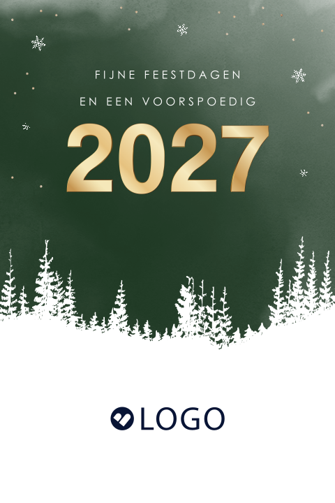 Kerstkaart voor bedrijven met eigen logo en winterse bomen