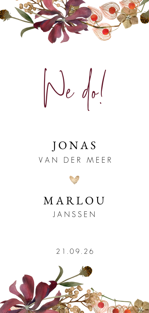 Hippe staande trouwkaart 'We do' met bloemen