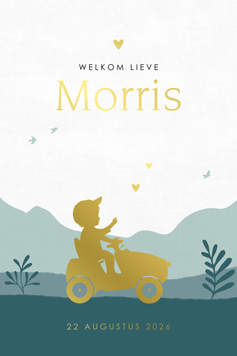 Geboortekaartje jongen met foliedruk, tractor en hartjes