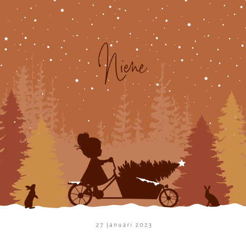 Winter silhouet kaartje meisje op bakfiets in de sneeuw