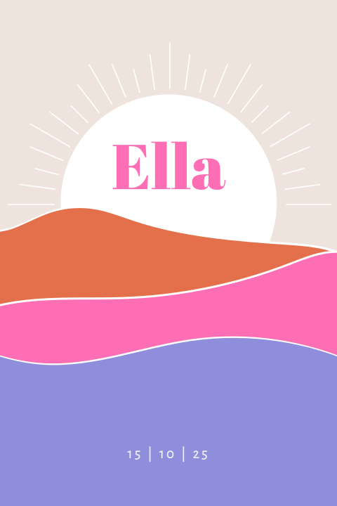 Kleurrijk meisjes geboortekaartje met ondergaande zon