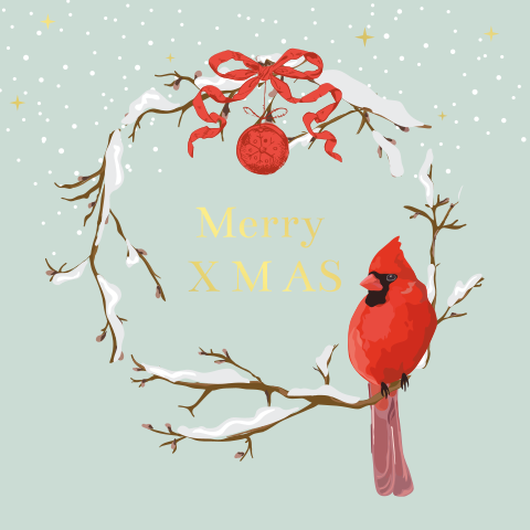 Vogel kerstkaart met goudfolie en afgeronde hoeken