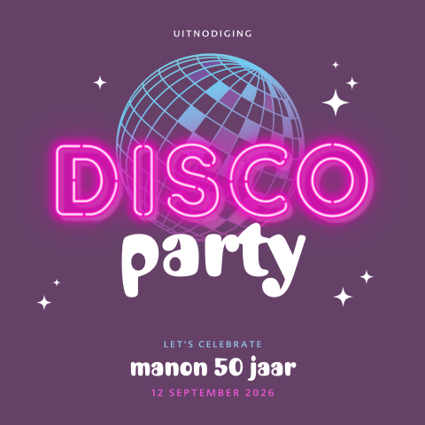 Disco party uitnodiging verjaardag 50 jaar met neon letters